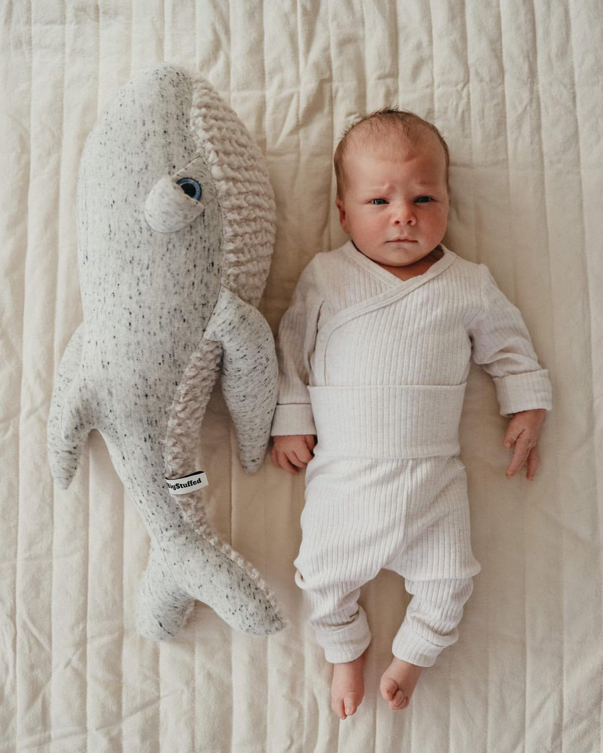 Newborn lying next to a speckled whale plush almost as big as the baby