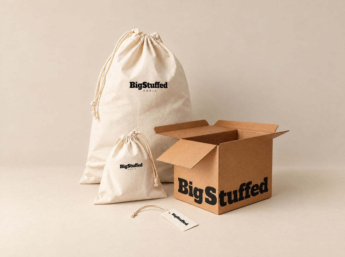 BigStuffed gift kit: fabric drawstring bags, a gift tag and a BigStuffed box