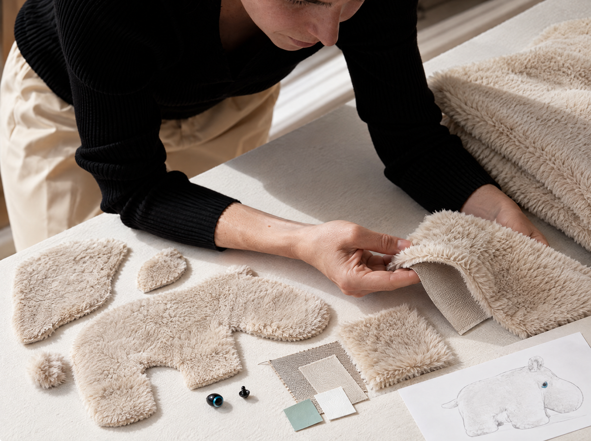 Hands laying out the faux fur pieces of the hippo plush, with its safety eyes and sketch