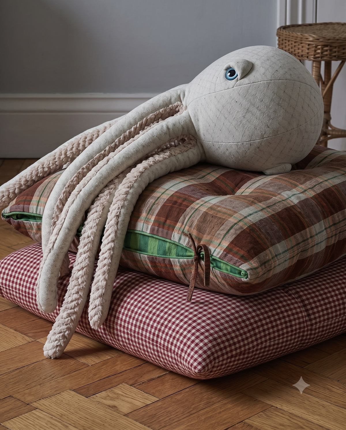 The Giant Octopus, a cream stuffed animal, lying across tartan and gingham floor cushions